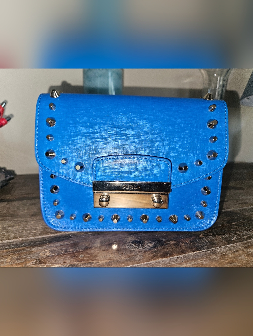 Furla Bright Blue Studded Leather Crossbody Mini